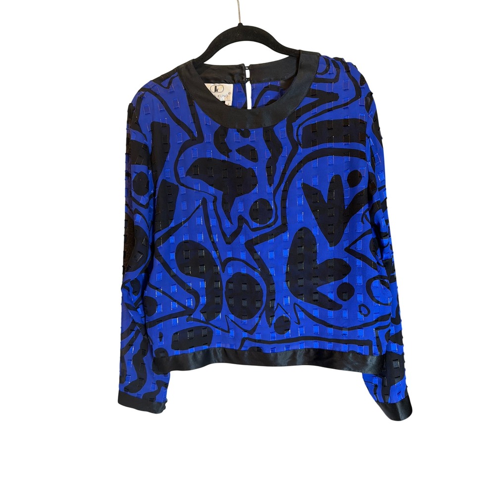 Flora Kung Vintage 100% Silk Abstract Blue Black Graphic Print Blouse Size 4